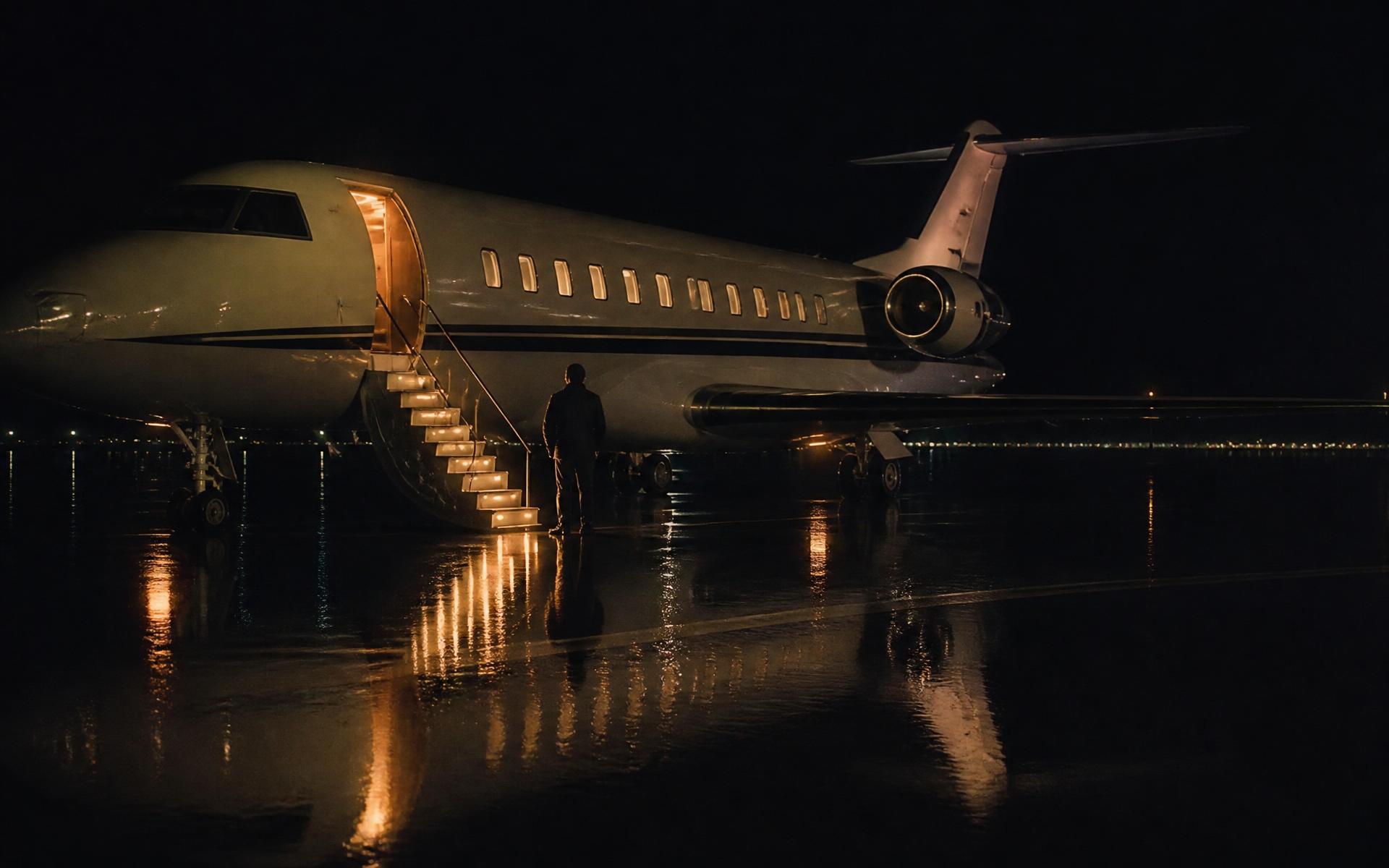 Private jet on a Dubai tarmac at night